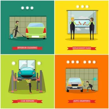 Vector set of car service station, repair shop posters, banners Stock Illustration