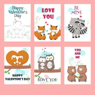 Vector set of cards with cute animals couples Stock Illustration