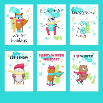 Vector set of cards with cute skiing animals Stock Illustration