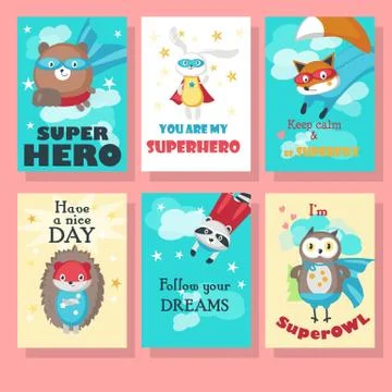Vector set of cards with cute superhero animals Stock Illustration
