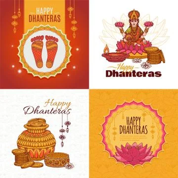 Vector set of cards with greeting of celebration Happy Dhanteras Illustrazione stock