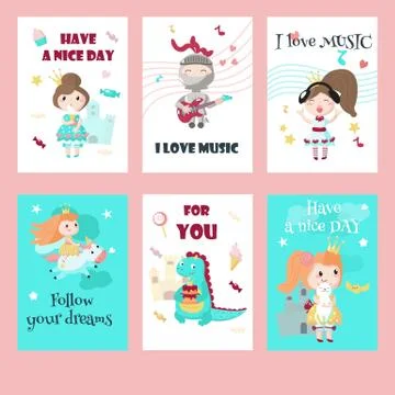 Vector set of cards with medieval knight, princess, dragon and quotes Stock Illustration