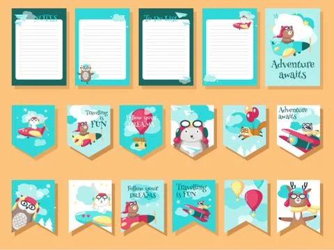 Vector set of cards with pilot animals and travel quotations Stock Illustration