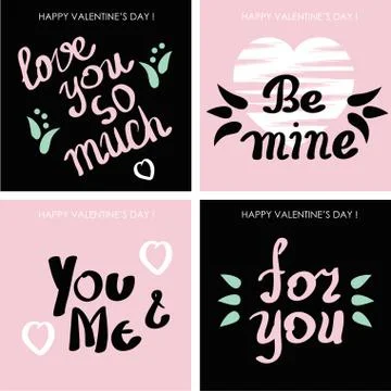 Vector set of cards for Valentine's day or wedding. Handwritten text, hand br Stock Illustration