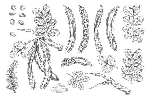 Vector set of carob tree with black and white sketches of leaves, pods, flowers Stock Illustration