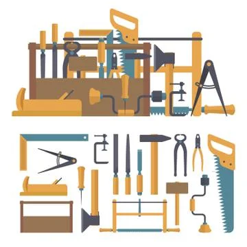 Vector set of carpenter tools and instruments in flat style. Home construction イラスト素材
