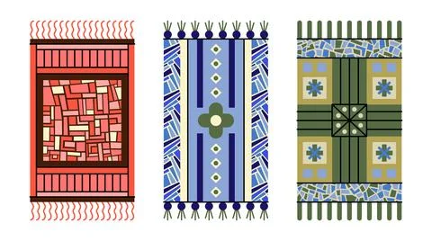 Vector set of carpet designs with textures with abstract geometric motif. Stock Illustration