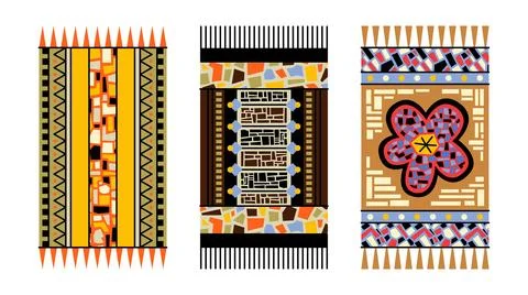 Vector set of carpet designs with textures with abstract geometric motif. Stock Illustration