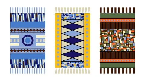 Vector set of carpet designs with textures with abstract geometric motif. Stock Illustration