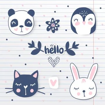 Vector set with cartoon animals - cute panda, bunny, penguin, cat. Stock Illustration