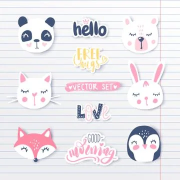 Vector set with cartoon animals - panda, penguin, cat, bear, bunny. Stock Illustration