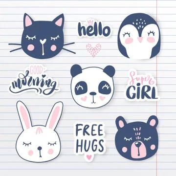Vector set with cartoon animals - panda, penguin, cat, bear, bunny. Stock Illustration