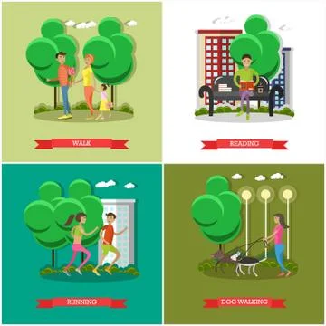 Vector set of cartoon character posters. People in park design elements and Stock Illustration