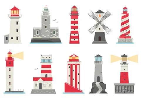 Vector set of cartoon flat lighthouses Stock Illustration