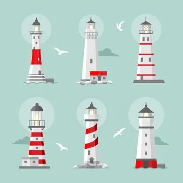 Vector set of cartoon flat lighthouses Stock Illustration