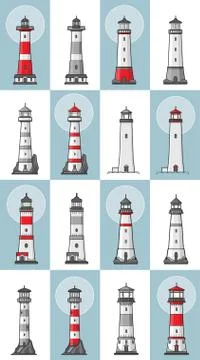 Vector set of cartoon flat lighthouses Stock Illustration