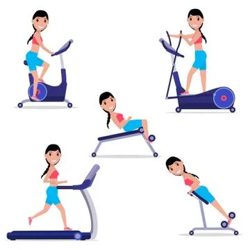 Vector set cartoon girl doing sports on simulator Stock Illustration
