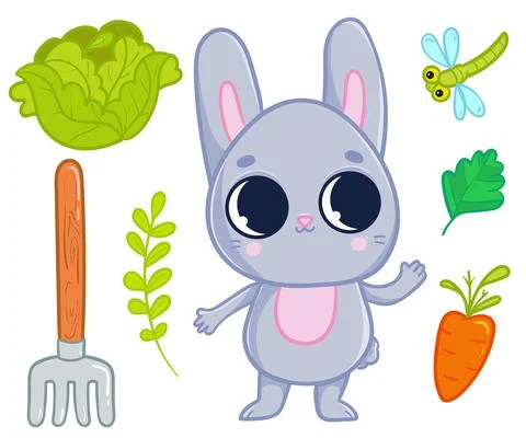 Vector set with cartoon hare on a farm theme. Agricultural collection with an Stockillustratie