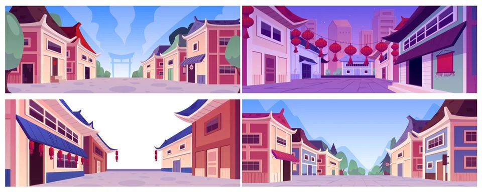 Vector set of cartoon illustrations of Chinese street in daytime, nighttime and Ilustración de archivo