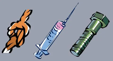Vector set of cartoon items. Rope, syringe, bolt. On grey background Stock Illustration