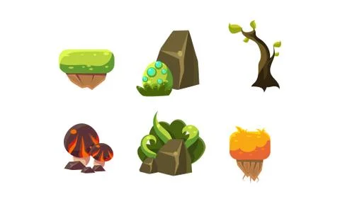 Vector set of cartoon landscape elements for mobile game. Fantastic plants Illustrazione stock