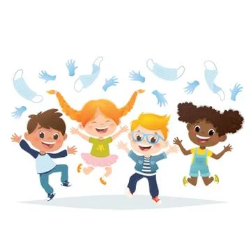 Vector set of cartoon multiracial kids jumping and laughing. Stop covid epide Illustrazione stock