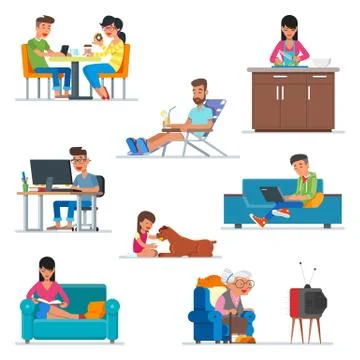 Vector set of cartoon people characters in flat style design. Couple in cafe Ilustração Stock