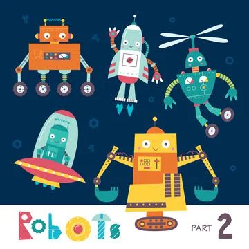 Vector set of cartoon robots isolated on a dark background. Part 2. Kids charact Illustrazione stock