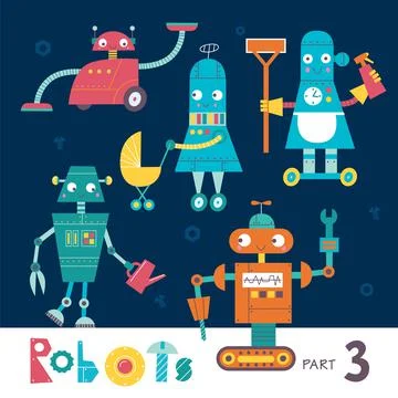 Vector set of cartoon robots isolated on a dark background. Part 3. Kids charact Stock Illustration