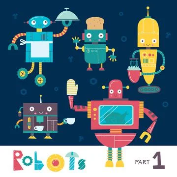 Vector set of cartoon robots isolated on a dark background. Part 1. Kids charact Stock Illustration