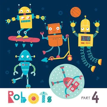 Vector set of cartoon robots isolated on a dark background. Part 4. Kids charact Stock Illustration