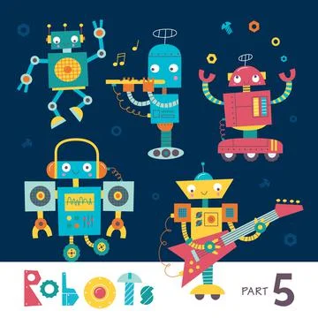 Vector set of cartoon robots isolated on a dark background. Part 5. Kids charact Stock Illustration