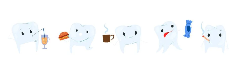 Vector set with cartoon teeth with bad habits isolated on white background Stock Illustration