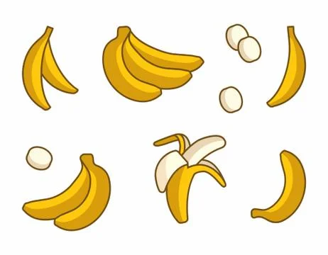 Vector Set of Cartoon Yellow Bananas on white background Stock Illustration