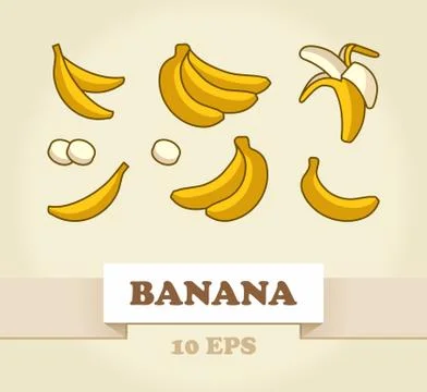 Vector Set of Cartoon Yellow Bananas. Stock Illustration