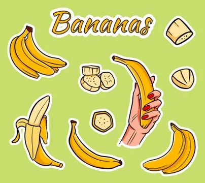 Vector set of cartoon yellow bananas. Stock Illustration