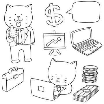 Vector set of cat in business suit and business icon Stock Illustration