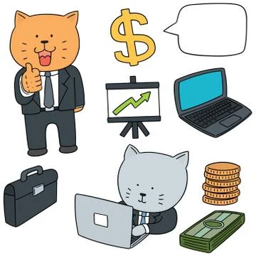 Vector set of cat in business suit and business icon Stock Illustration