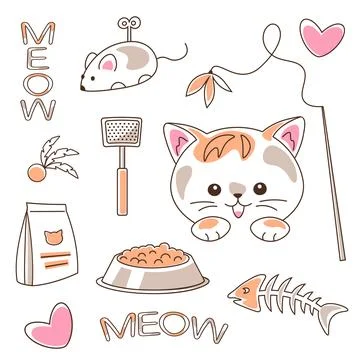 Vector set of cat toys objects and cute kitten 스톡 일러스트