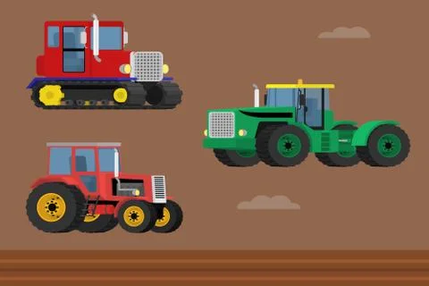 Vector set of caterpillar tractor and wheeled farm tractors. Stock Illustration