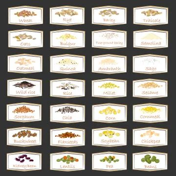Vector set of cereal and grain emblems for packaging, advertising healthy foo Stock Illustration