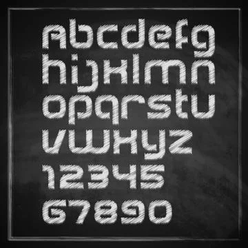 Vector set of chalk sketched characters on blackboard background. artistic font Stock Illustration