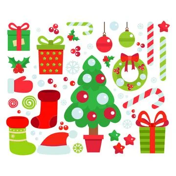 Vector set of characters and icons for Christmas in cartoon style. Gifts and  Stock Illustration
