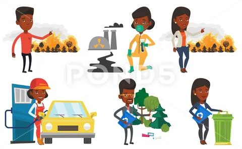 Vector set of characters on ecology issues Stock Illustration