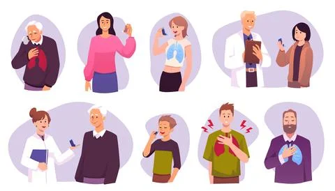 Vector set of characters with labored and calm breathing. Stock Illustration