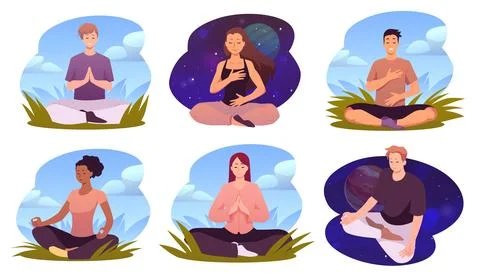 Vector set of characters meditating and doing breathing exercises in lotus Stock Illustration