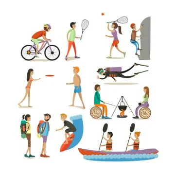 Vector set of characters, summer outdoor activities concept design elements Stock Illustration