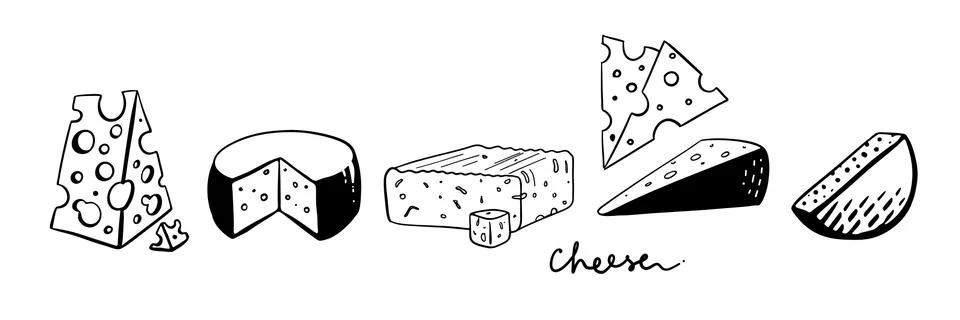 Vector set of cheese isolated on a white background. Hand drawn cheese outline Stock Illustration