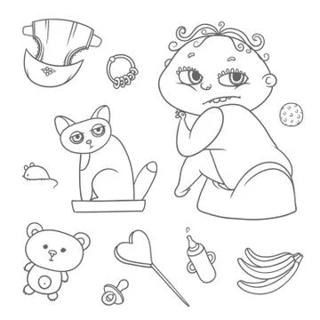 Vector set child sitting on pot and kitten in cat litter. Baby bottle with water Stock Illustration