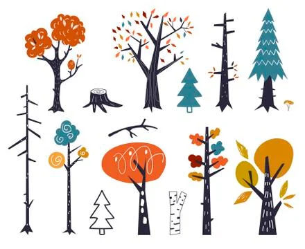 Vector set of children drawings - cute forest and plants. Doodle style. Colorful Stock Illustration